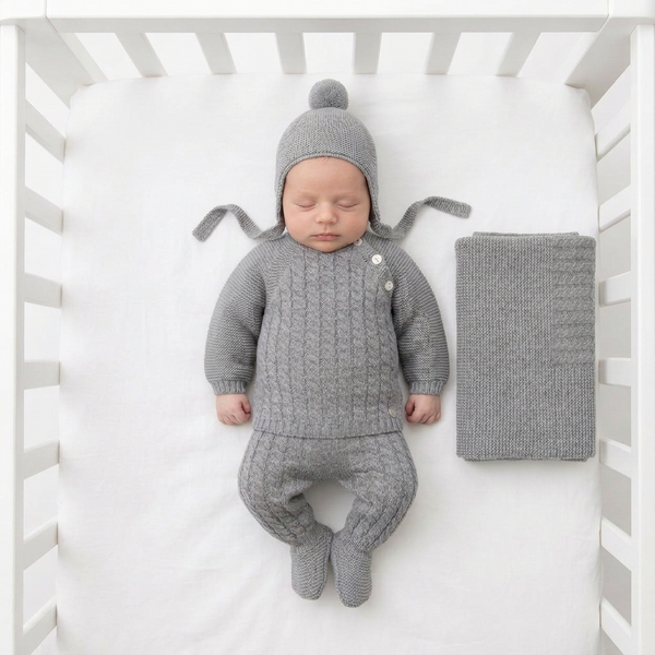 GRAY BABY OVER CABLE BLANKET AND NEWBORN 4P SET