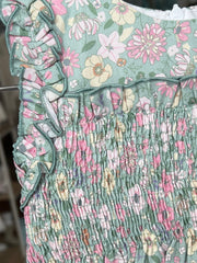 GIRLS FLORAL AND SMOCKED GREEN DRESS SUELTAS