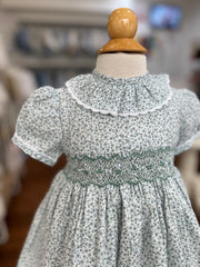 GIRLS GREEN FLORAL AND RUFFLE COLLAR SMOCKED DRESS