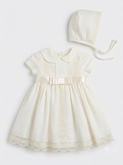 CEREMONY BOW AND COLLAR LINEN DRESS WITH BONNET 2P SET