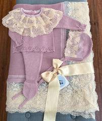NEWBORN DUSTY PURPLE CREAM DOUBLE LACE COLLAR DUSTY PURPLE KNIT LUXURY 4P SET