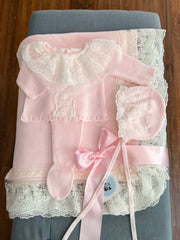 NEWBORN PINK FLORAL LACE KNIT LUXURY 4P SET