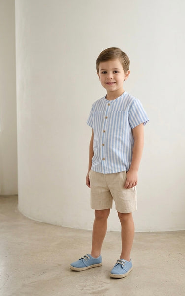 BOYS BLUE STRIPED BUTTON DOWN SHIRT AND SHORT 2P VERONA
