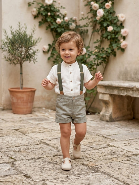 BOYS GRREN LEAF SHORT  AND SUSPENDERS WITH MAO COLLAR SHIRT 2P SAMURAI