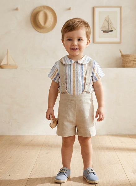 BOYS COLORED STRIPED SHIRT AND SUSPENDER SHORT 2P SET
