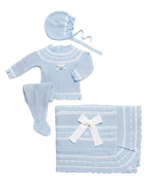 BABY FRILLS KNIT BOW BLANKET AND NEWBORN 4P SET