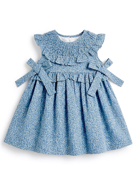 GIRLS PASTEL FLORAL RUFFLE COLLAR BLUE DRESS SUELTAS