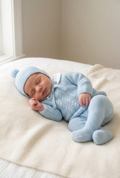 LIGHT BLUE NEWBORN CENTRAL CABLE AND COLLAR 3P SET