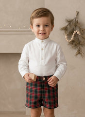 BOYS MAO COLLAR SHIRT AND CLASSIC TARTAN SHORT SET