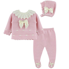 NEWBORN KNIT COLLAR WITH BOWS DETAILS 3P OLD PINK SET