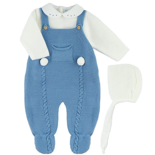 BABY KNIT OVERALLS WITH POM POMS 3P SET