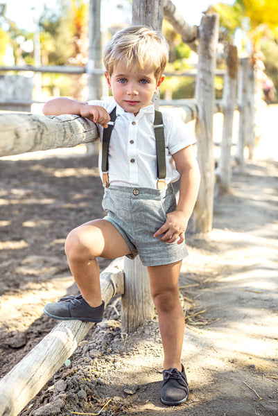BOYS GRREN LEAF SHORT  AND SUSPENDERS WITH MAO COLLAR SHIRT 2P SAMURAI