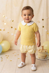 BOYS YELLOW KNIT SLEEVELES SWEATER WITH STRIPED TROUSERS 2P SET