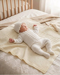 IVORY BABY CABLE KNIT BLANKET AND LACE COLLAR NEWBORN 4P SET