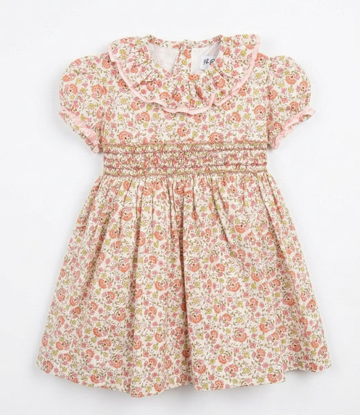 GIRLS PINK FLORAL SMOCKED DRESS