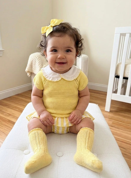 GIRLS YELLOW KNIT SLEEVELES SWEATERWITH STRIPED RUFFLE BLOOMER 2P SET