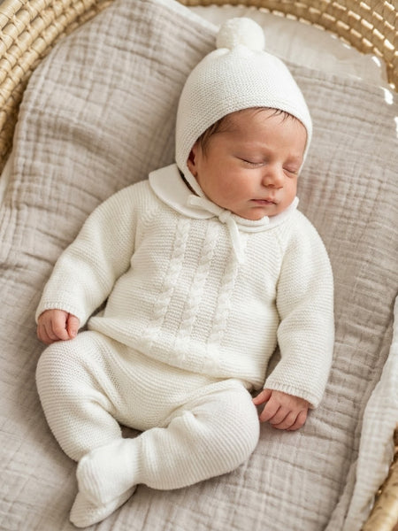 WHITE NEWBORN CENTRAL CABLE AND COLLAR 3P SET