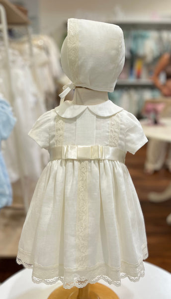 CEREMONY BOW AND COLLAR LINEN DRESS WITH BONNET 2P SET
