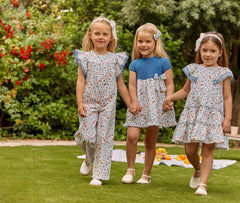 GIRLS FLOWERS AND BLUE RUFFLE JUMPSUIT