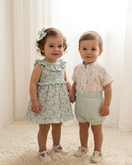 GIRLS GREEN FLOWER SHORT DRESS WITH BLOOMER 2P SET