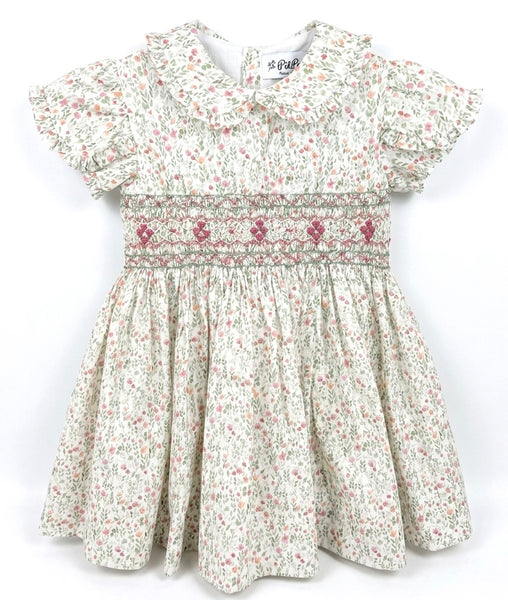 GIRLS PUFF SLEEVE WITH COLLAR FLORAL SMOCKED DRESS