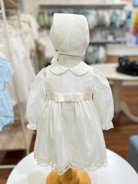 CEREMONY BOW AND LINEN DRESS WITH BONNET  2P SET