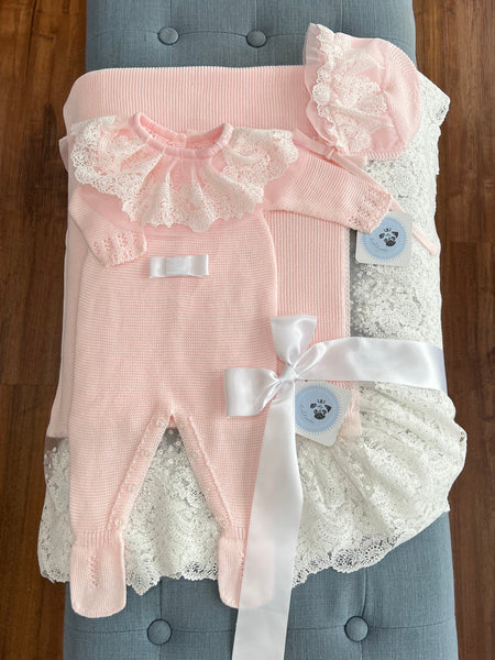 NEWBORN KNIT ONESIE PINK LUXURY 3P SET