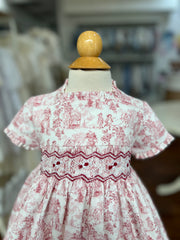 GIRLS RED TOILE PRINT SMOCKED DRESS