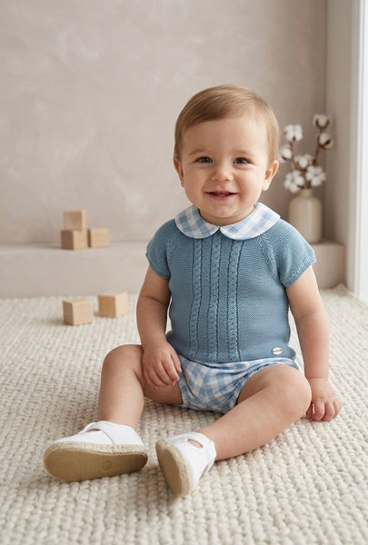 BOYS PLAID COLLAR KNITTED SHIRT AND PLAID SHORT 2P SET