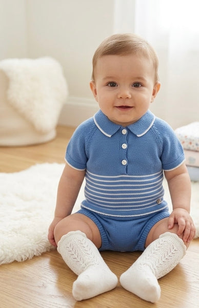 BOYS STRIPED WITH COLLAR KNITTED SHIRT AND SHORT 2P SET