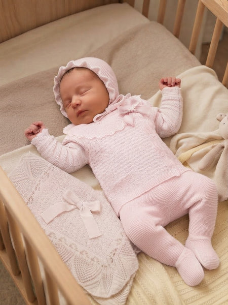 LIGHT PINK BABY CHECK PATTERN BLANKET AND LACE BOW COLLAR NEWBORN 4P SET