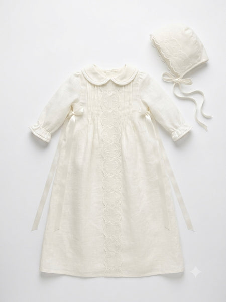 CHRISTENING LACE PLEAT LINEN GOWN WITH BONNET