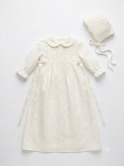 CHRISTENING LACE PLEAT LINEN GOWN WITH BONNET