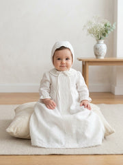 CHRISTENING LACE PLEAT LINEN GOWN WITH BONNET