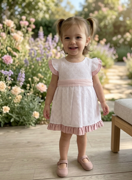 GIRL EYELET AND FLOWER APPLIQUE DRES