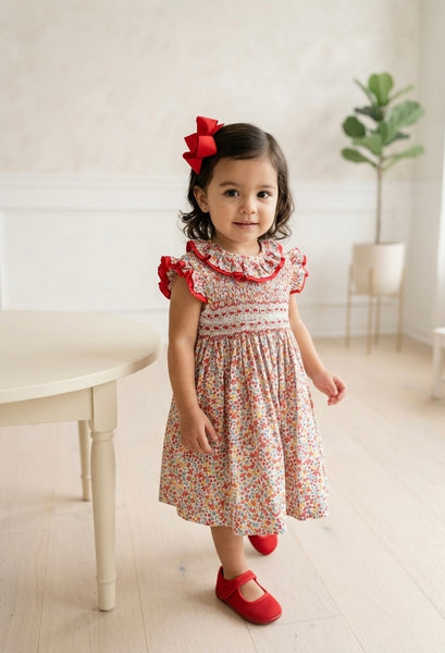 GIRLS  RED FLORAL SMOCKED DRESS
