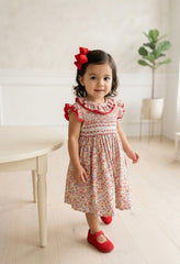 GIRLS  RED FLORAL SMOCKED DRESS
