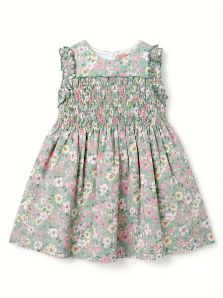 GIRLS FLORAL AND SMOCKED GREEN DRESS SUELTAS