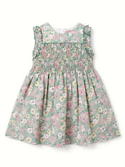 GIRLS FLORAL AND SMOCKED GREEN DRESS SUELTAS