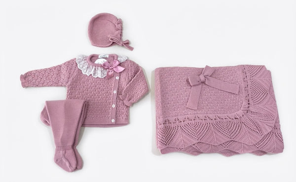 OLD PINK BABY CHECK PATTERN BLANKET AND LACE BOW COLLAR NEWBORN 4P SET