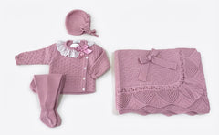 OLD PINK BABY CHECK PATTERN BLANKET AND LACE BOW COLLAR NEWBORN 4P SET