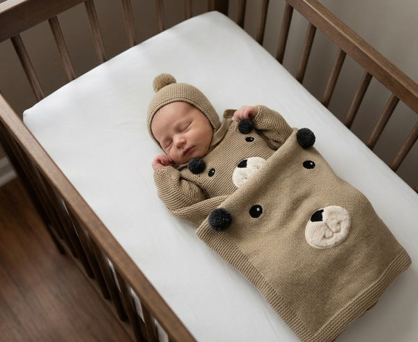 BABY EMBROIDERED BEAR BLANKET AND NEWBORN 4P SET