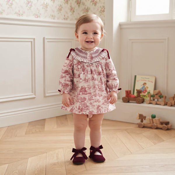 GIRLS TOILE AND VELVE BOWS SHORT DRESS SET AZAFRAN