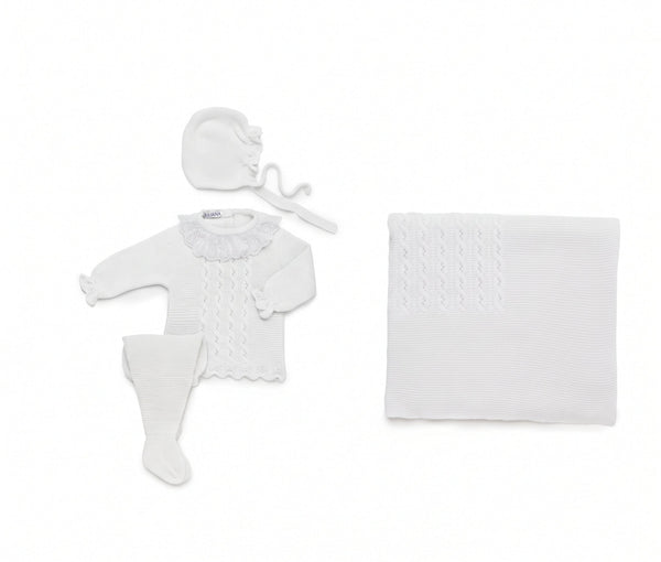 WHITE BABY CABLE KNIT BLANKET AND LACE COLLAR NEWBORN 4P SET