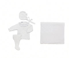 WHITE BABY CABLE KNIT BLANKET AND LACE COLLAR NEWBORN 4P SET