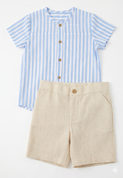 BOYS BLUE STRIPED BUTTON DOWN SHIRT AND SHORT 2P VERONA