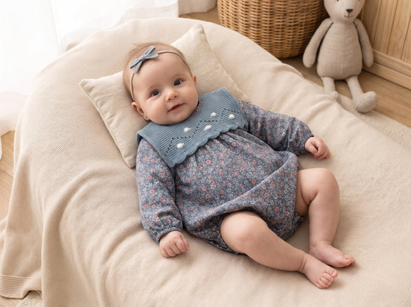 GIRLS FLORAL AND KNIT COLLAR ROMPER HIERBABUENA