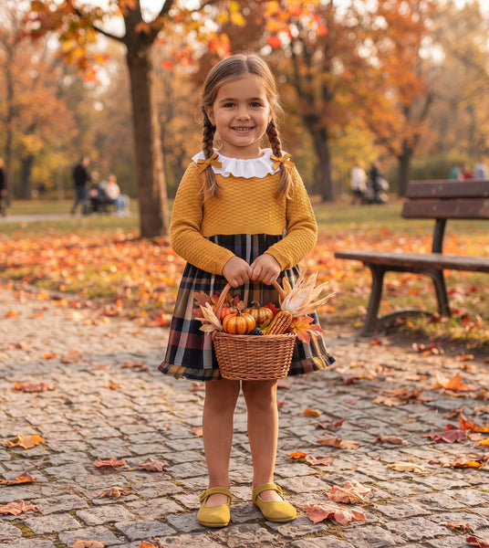GIRLS KNITTED AND PLAID MUSTARD DRESS