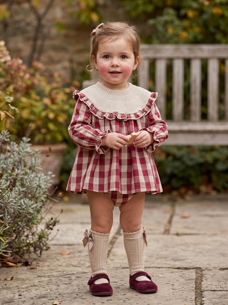 GIRLS CHECKERED KNIT COLLAR SHORT DRESS SET GUINDA