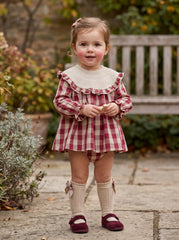 GIRLS CHECKERED KNIT COLLAR SHORT DRESS SET GUINDA